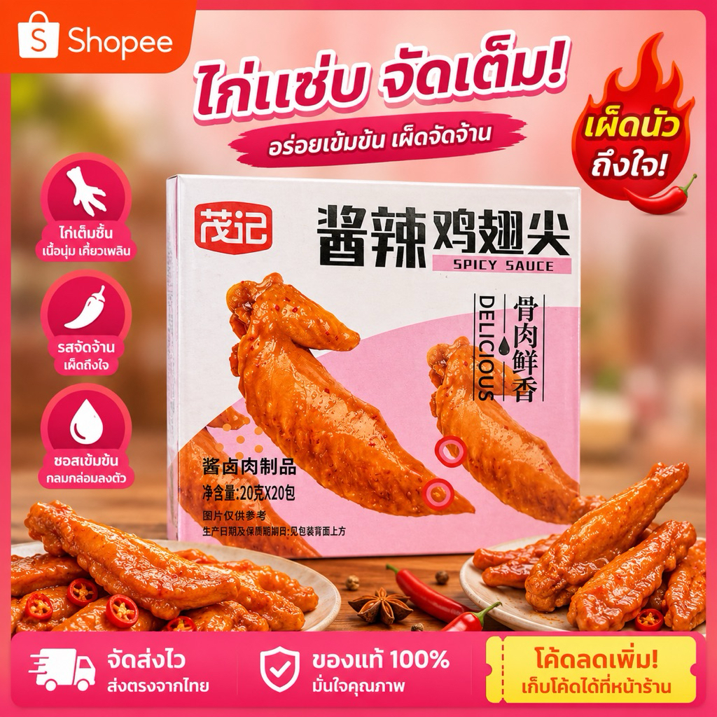 ปีกไก่รสเผ็ด ของทานเล่น 1 กล่องมี20ชิ้น อร่อย แซ่บ กินเพลินๆ