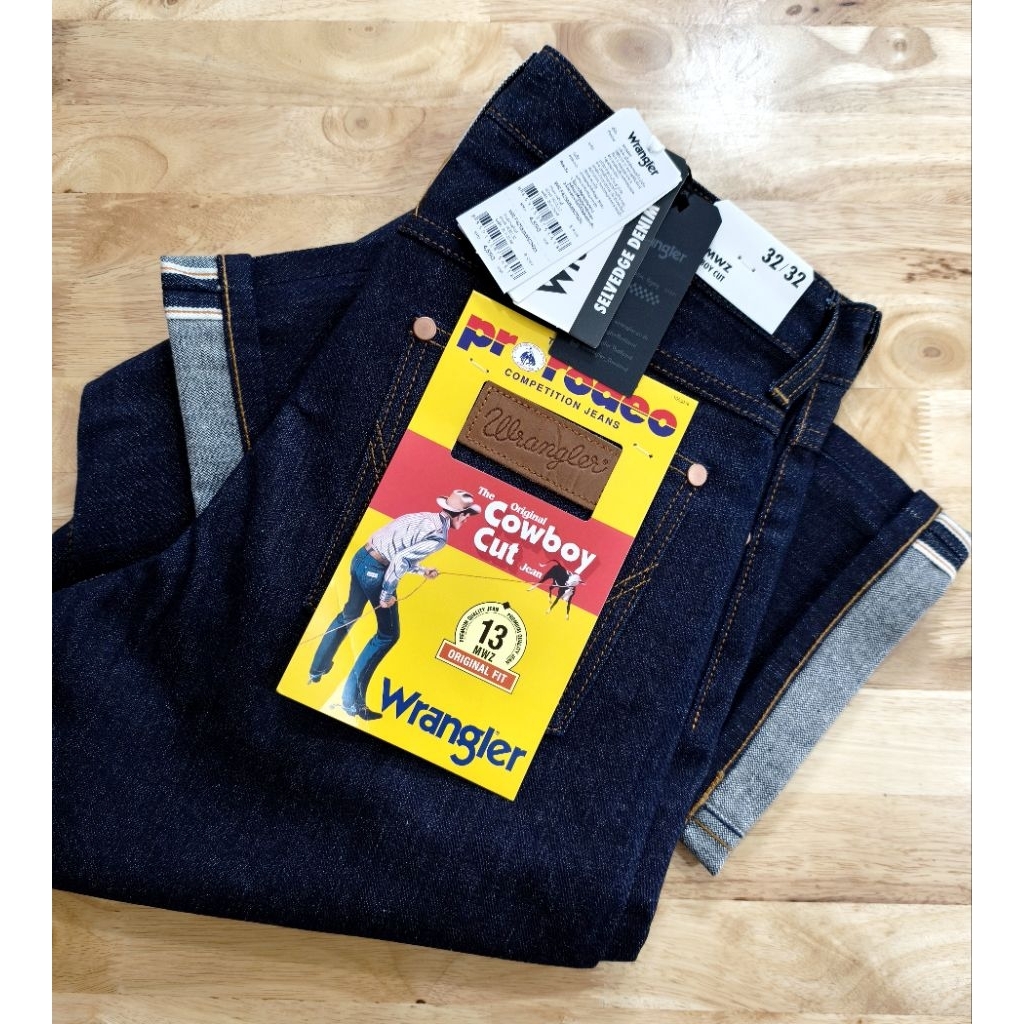 Wrangler Selvedge Denim (ริมส้ม) 13MWZ Cowboy Cut 15oz. กางเกงยีนส์ ผ้าหนังไก่+Elastane1% ผลิตในไทย 