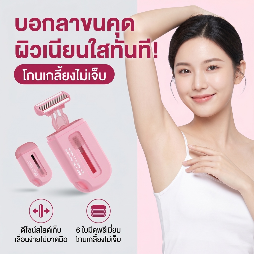 [ของแท้] ที่โกนขนผู้หญิง ตลับพกพาสไลด์เก็บ ใบมีด 6 ชั้น แถบอโลเวร่า กำจัดขนรักแร้ แขน ขา ถนอมผิว