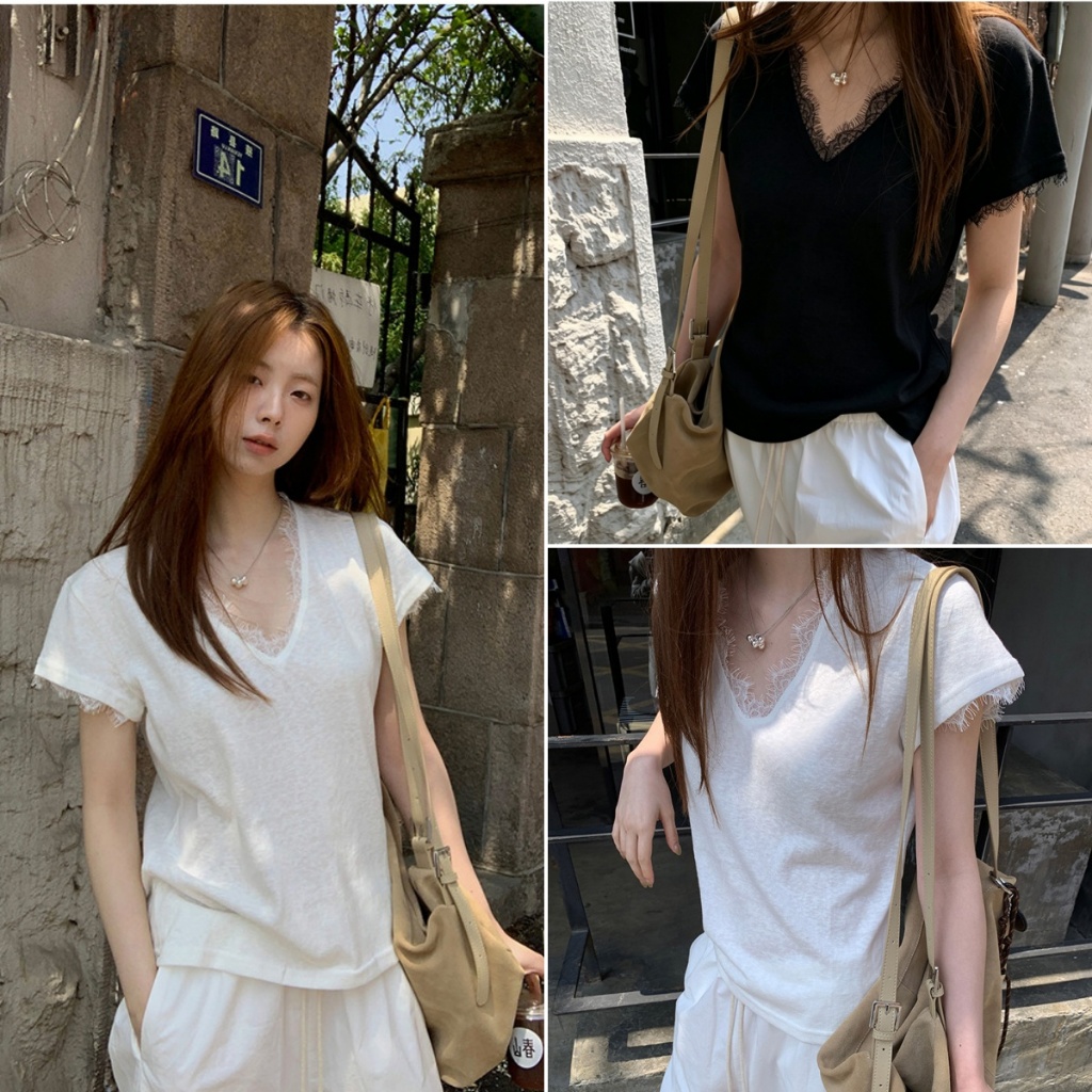 cherryshop พร้อมส่ง เสื้อยืดคอวีแขนสั้นผสมลูกไม้สีขาวใหม่สำหรับผู้หญิงฤดูร้อน ลำลองหลวมๆ นุ่มและใส่สบาย