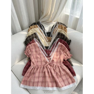 เสื้อคอวีแขนตุ๊กตา detail แต่งลูกไม้ลายสก็อตน่ารักทรงคอ V ลึกผูกโบว์หน้า
