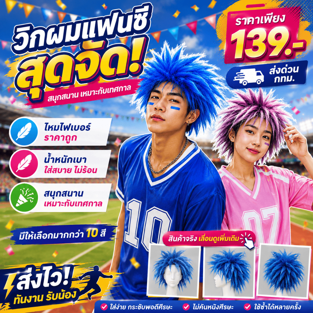 (จัดส่งด่วนจากกทม.) วิกผมแฟนซีราคาถูก วิกผมทรงพังค์  คอสเพลย์ผมแฟนซี ผมตั้งฟู ใส่สังสรรค์ เพิ่มสีสันในงานปาร์ตี้ WF