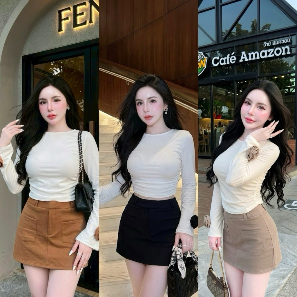 ชุดเซ็ทตามหางานมาใหม่ ชุดเซ็ทเสื้อกุหลาบ กระโปรงมีซับ ผ้าดี สาวอวบใส่ได้🍒