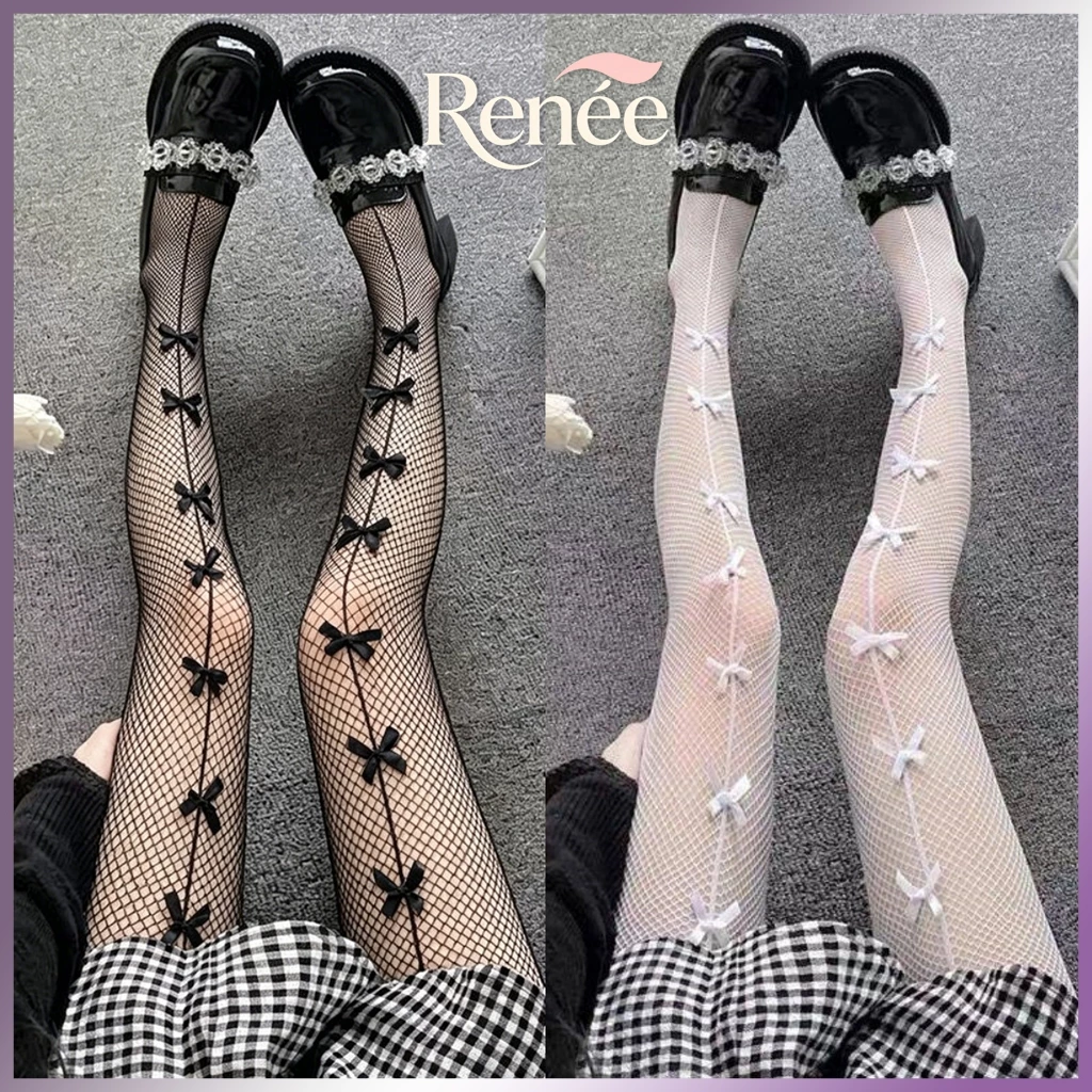 🎀ร้านไทย🎀 ถุงน่องตาข่าย เอวสูง ประดับโบว์น่ารัก สีดํา และสีขาว เซ็กซี่ ลูกไม้ พร้อมส่ง
