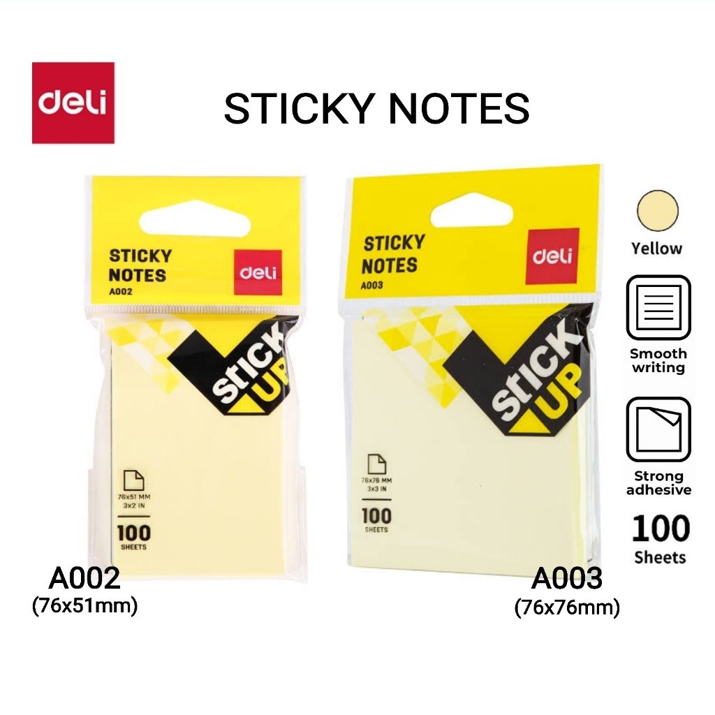 Deli กระดาษโน้ตมีกาวในตัว A003 (76x76มม.), A002 (76x51มม.) สีเหลืองพาสเทล บรรจุ 100 แผ่นต่อแพ็ค