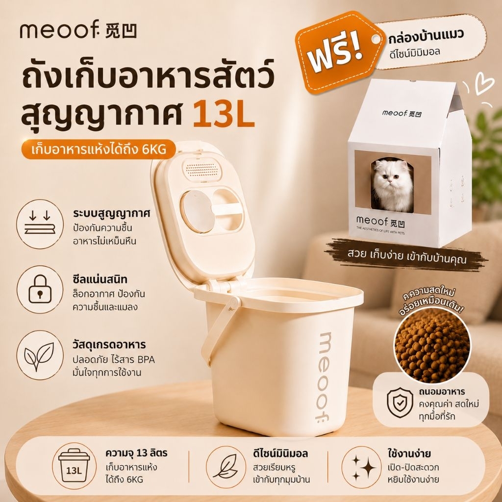 [ รับประกันศูนย์ไทย1ปี ] พร้อมส่ง กล่องเก็บอาหารสูญญากาศ Meoof จุ 13L  กล่องเก็บอาหารแมว กล่องกันชื้น กันเชื้อรา