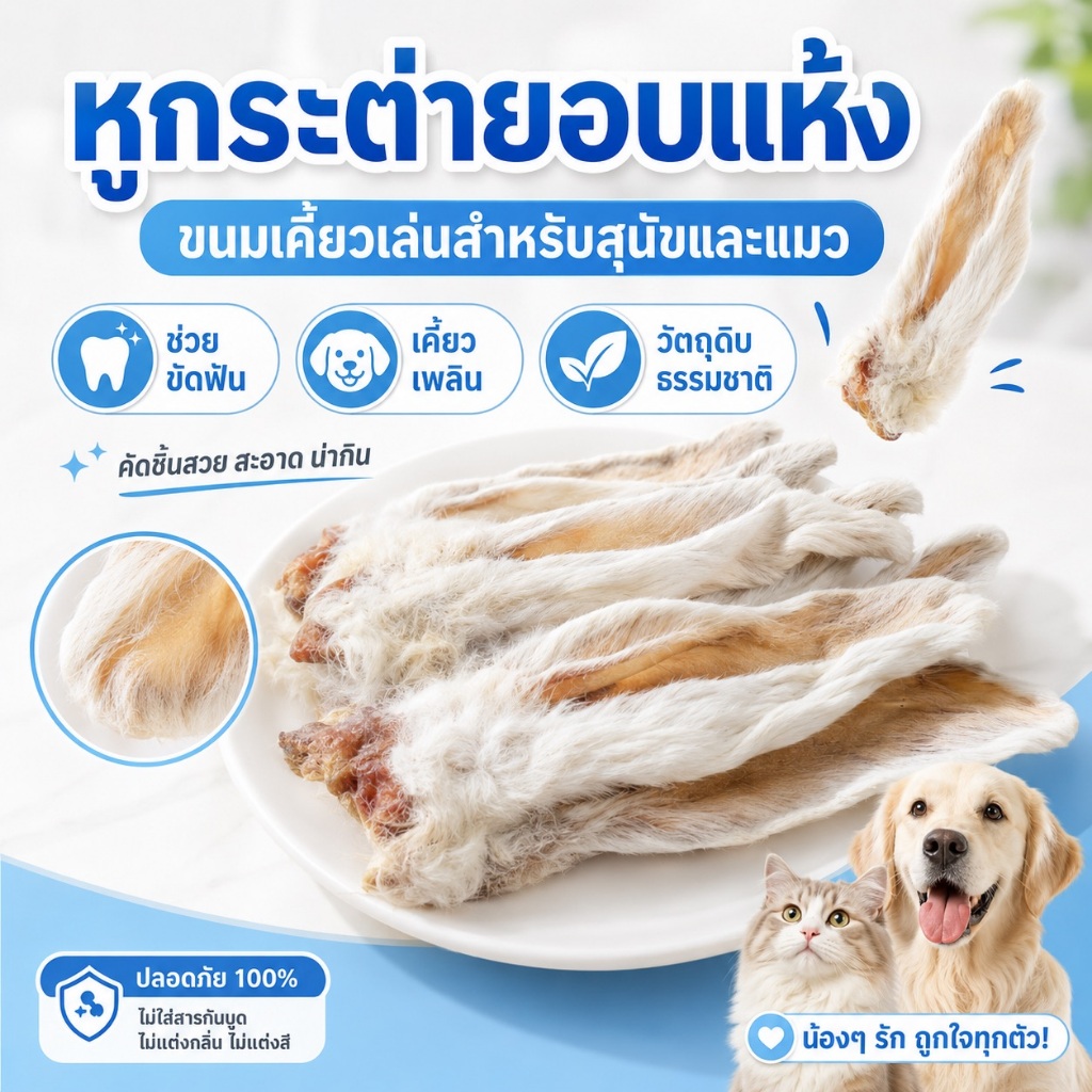 หูกระต่ายอบแห้ง หูวัวอบแห้ง ขนมขัดฟันสุนัข ขนมหมา ทำความสะอาดลำไส้ ธรรมชาติ 100% หูวัว