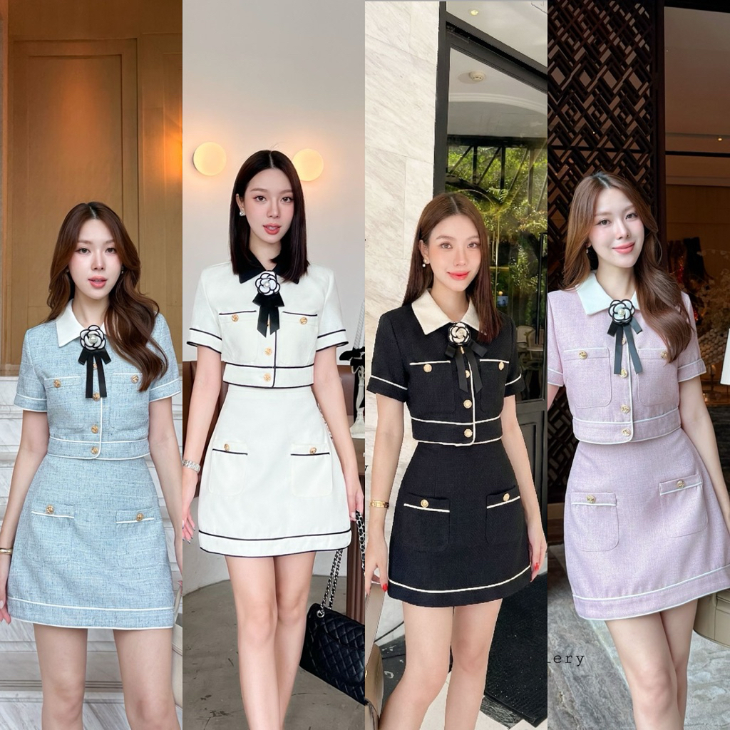 ชุดเซทเรียบสวย ชุดเซ็ต3ชิ้น เสื้อ+กระโปรง มาพร้อมเข็มกลัดโบว์ดอกไม้หรูหราเข้าชุด Gallery