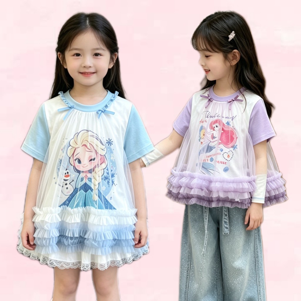 BB290  เสื้อเด็กผู้หญิงลายเจ้าหญิง แต่งผ้าตาข่ายฟรุ้งฟริ้ง สไตล์คุณหนู