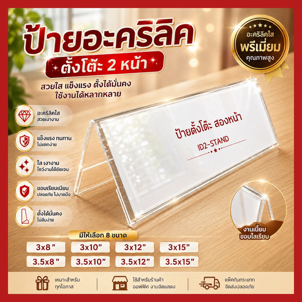 ป้ายชื่อ อะคริลิคใสตั้งโต๊ะ (ID2)หน้ากว้าง3นิ้ว,3.5นิ้ว/หนาพิเศษทุกไซต์ MADE IN THAILAND