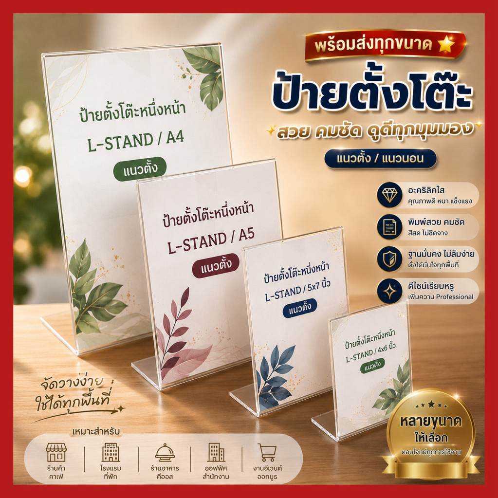 🌟พร้อมส่ง ป้ายตั้งโต๊ะ1หน้า(L)(แนวตั้ง/แนวนอน)*อะคริลิคใส* MADE IN THAILAND