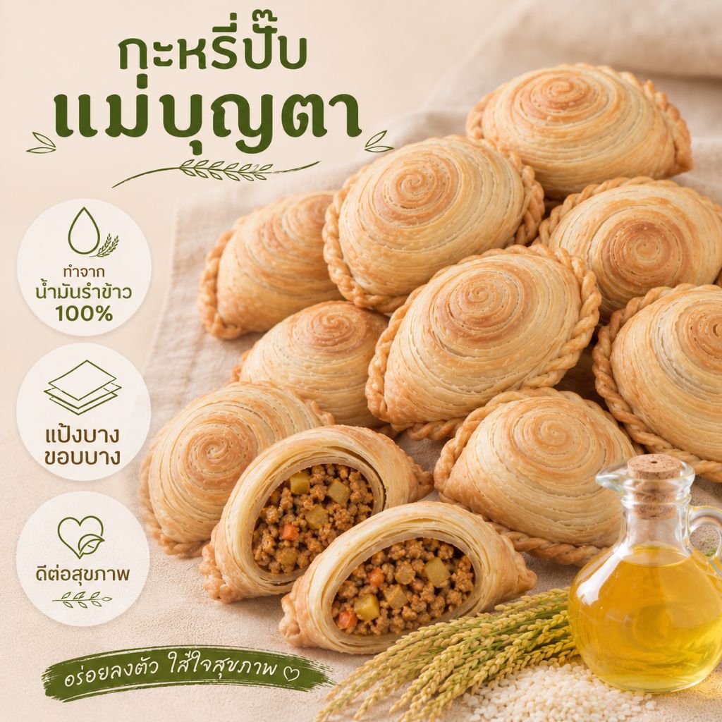 กะหรี่ปั๊บแป้งบางขอบบางใช้น้ำมันรำข้าว 12 ชิ้น