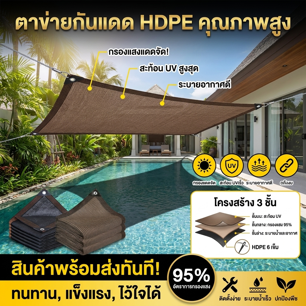 ผ้ากันแดด ตาข่ายบังแดด 95% ขนาด 1×3, 2×2, 2×3, 2×4, 2×5, 2×6, 3×3, 3×4, 3×5, 3×6, 4×4, 4×5 เมตร สีดำและสีน้ำตาล แผ่นกรอง