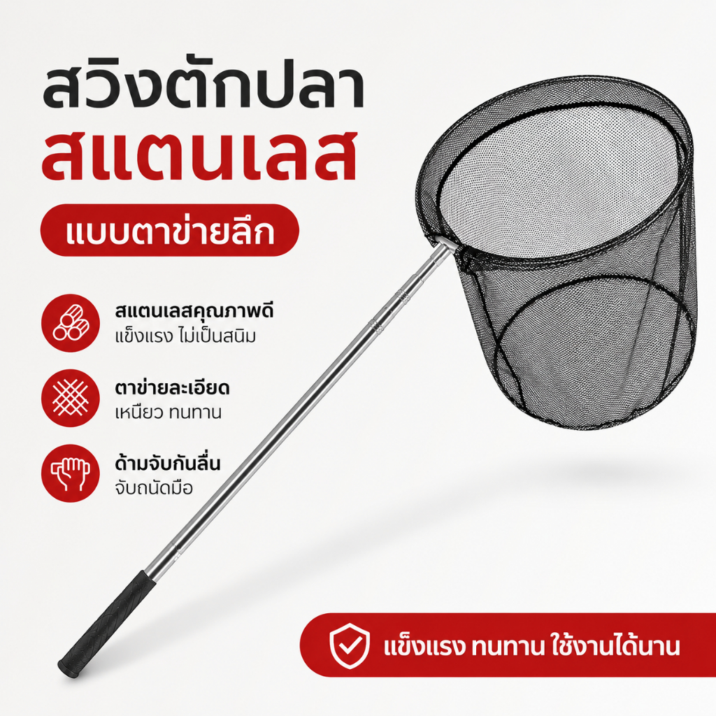 สวิงตักปลาสแตนเลส ปรับยืด-หดได้ 1.9-3.0 เมตร ตาข่ายละเอียด ตกปลาสะดวก
