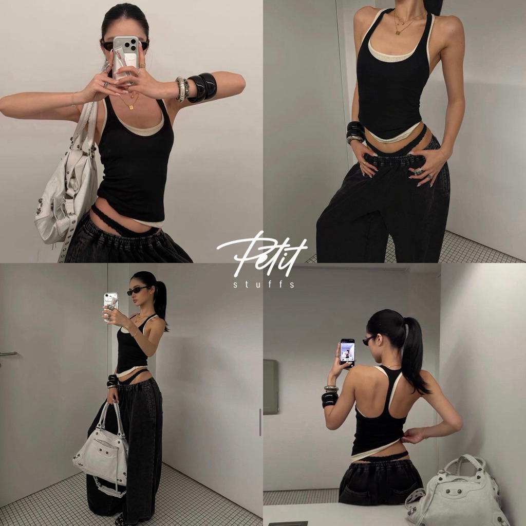 Petitstuffs |  เสื้อสายเดี่ยวทูโทนเว้าหลังและกางเกงขายาวoversizeขายแยกชิ้น #P2605075