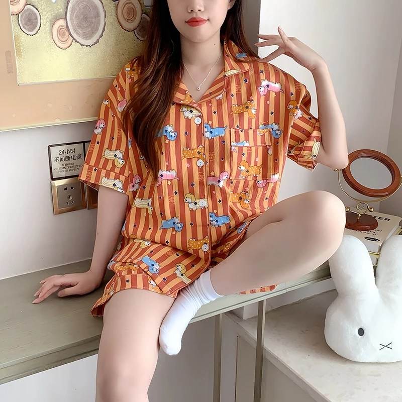 🍒ชุดนอนผู้หญิง บิ๊กไซส์ ผ้าซาตินญี่ปุ่น สไตล์เกาหลี ลายเมฆ แขนสั้นขาสั้น ผ้านุ่มลื่น ใส่สบาย ส่งด่วน