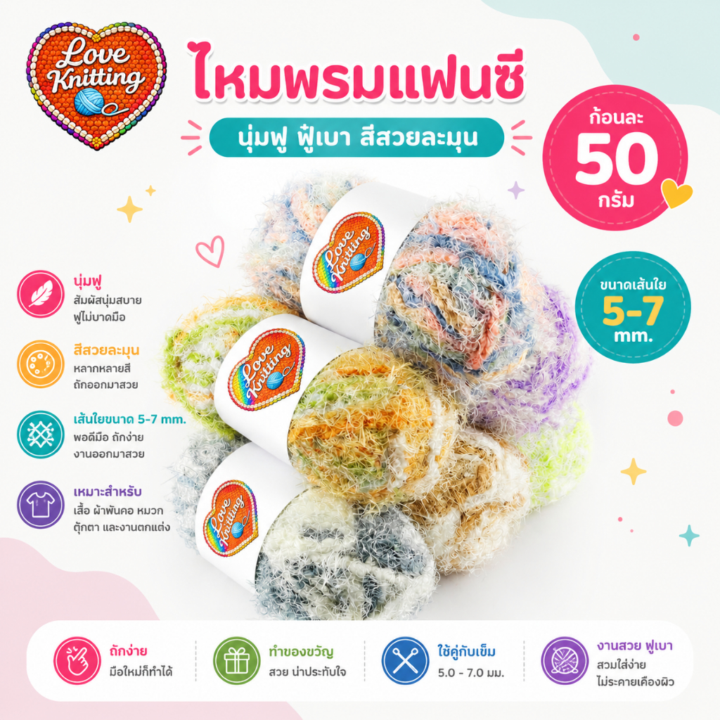 WA016 - 50g ไหมพรมแฟนซี แฟนซี ไหมพรม ไหมพรมเส้นใหญ่ ไหมพรมขน