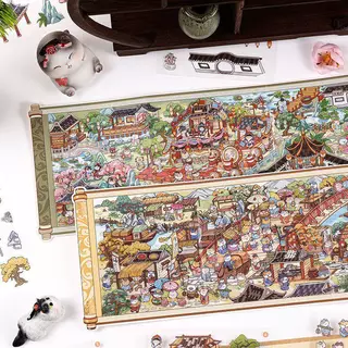 สติกเกอร์ฉากจิ๋ว 3D ลายม้วนภาพจีน พร้อมเส้นช่วยจัดวาง สำหรับสมุดบันทึก งานประดิษฐ์ DIY และตกแต่งบ้านจิ๋ว