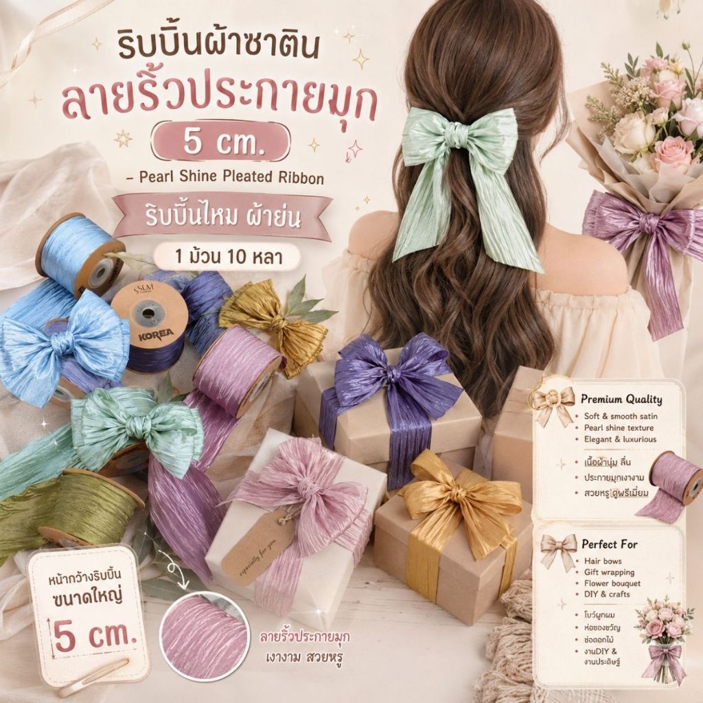 1 ม้วน【10หลา】* ริบบิ้นผ้าซาตินลายริ้วประกายมุก 5 cm. – Pearl Shine Pleated Ribbon ริบบิ้นไหม ผ้าย่น [RBR-0080]