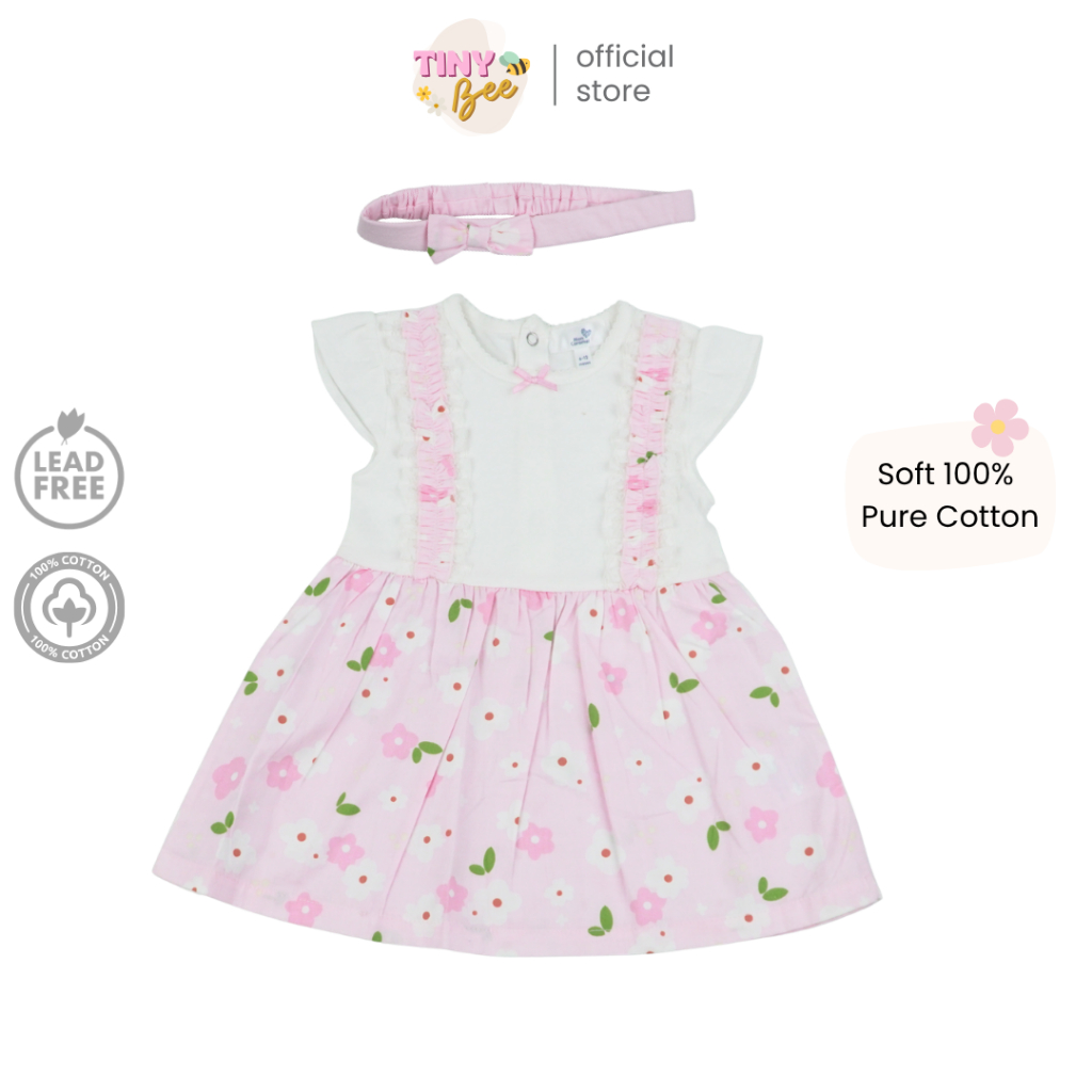 TinyBee ชุดกระโปรงพร้อมโบว์คาดผม ชุดเด็กผู้หญิง ชุดเดรสเด็ก สีชมพู ลายดอกไม้ อายุ 3-24 เดือน