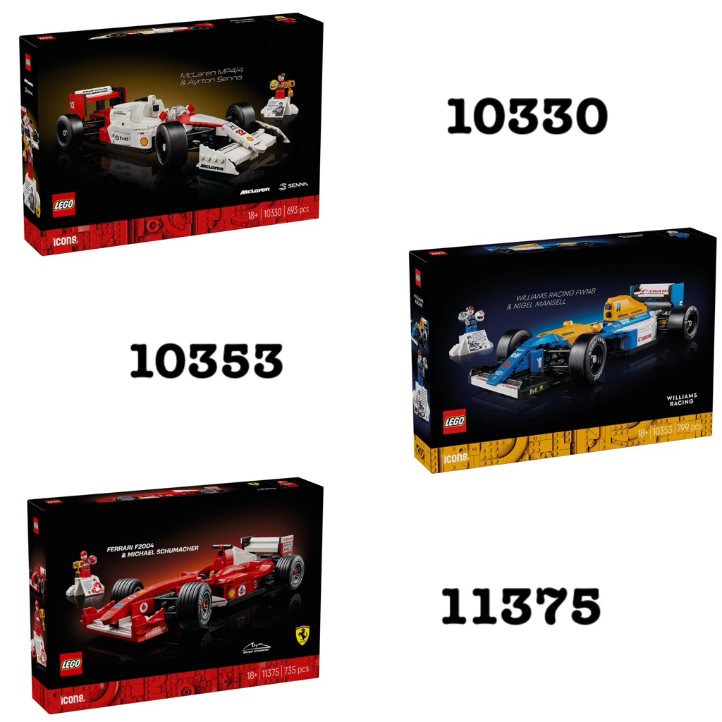 LEGO Icons F1 : 10330 McLaren Senna, 10353 Williams Racing Mansell, 11375 Ferrari F2004 Schumacher