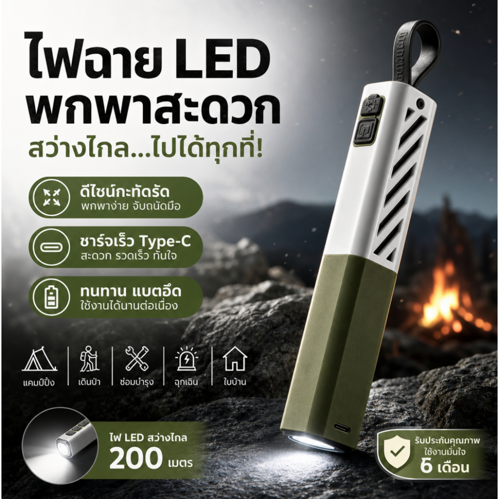 ไฟฉายแบบถือมือ ไฟฉาย LED ขนาดเล็ก พกพาสะดวก 5 โหมด Type-C แบบชาร์จได้ กันน้ํา และทนทาน ไฟฉาย