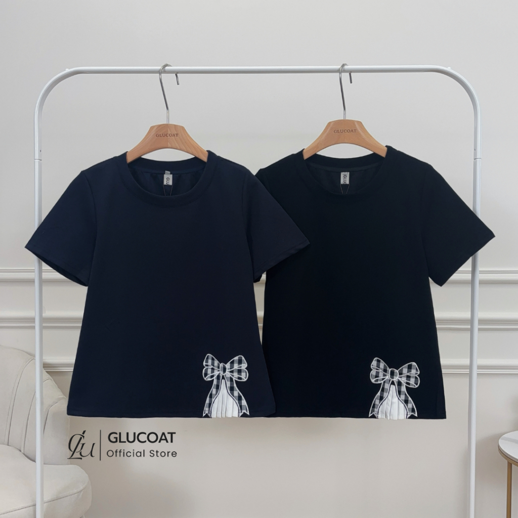 Glucoat | [A603/A604] เสื้อยืดคอกลมแขนสั้นสีดำ/สีกรม ชายเสื้อแต่งโบว์ระบาย