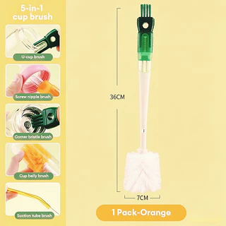 แปรงล้างขวดนม 5in1 มัลติฟังก์ชัน พร้อมแปรงล้างหลอดดูด สีเขียว/สีส้ม เลือกได้