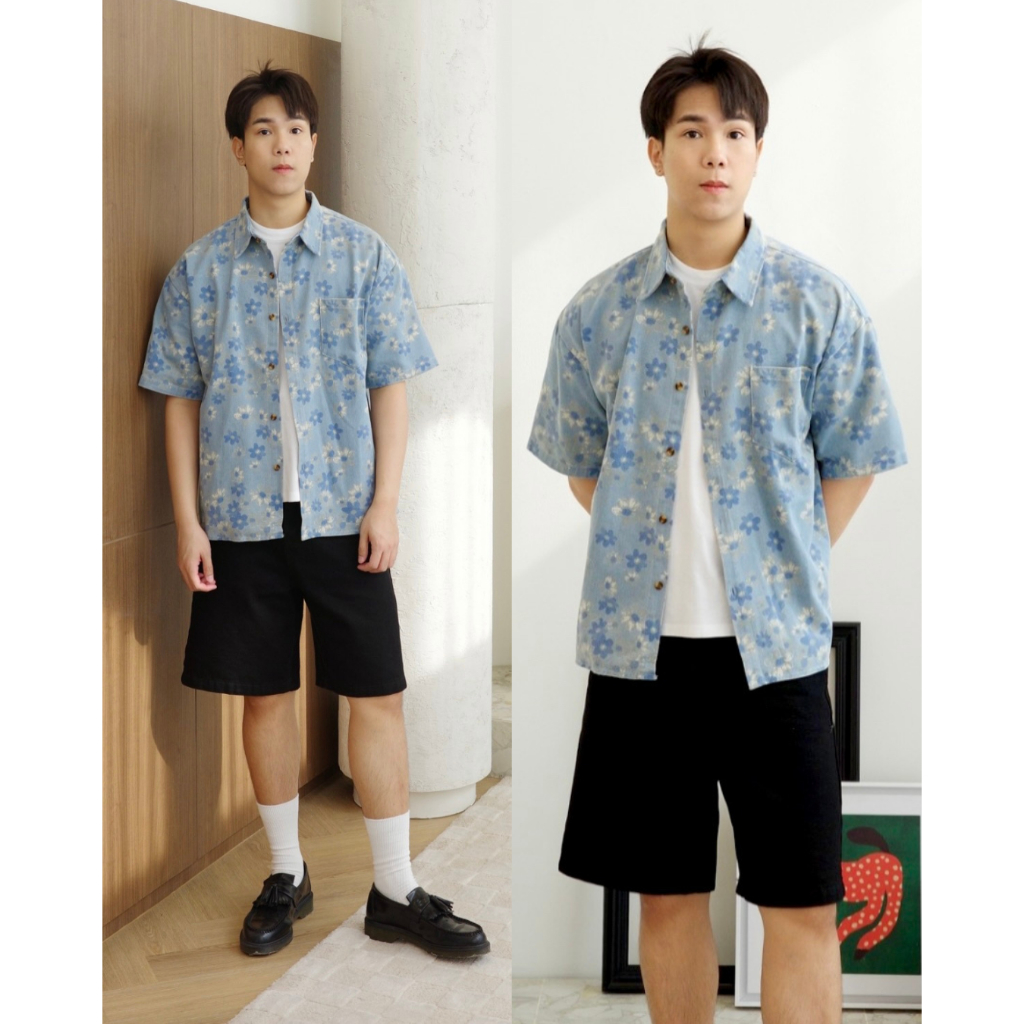 เสื้อเชิ้ตยีนส์แขนสั้นโอเวอร์ไซต์ลายดอกไม้สีขาว งานยีนส์เกาหลีพรีเมียม White flower jeans Over Size Shirt Premium