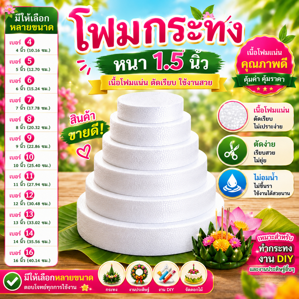 โฟมกระทงหนา1.5นิ้ว มีหลายขนาด เบอร์3 4 5 6 7 8 โฟมแผ่น โฟมบายศรี โฟมกลม โฟมชั้น โฟมทำฉัตร โฟมงานประดิษฐ์