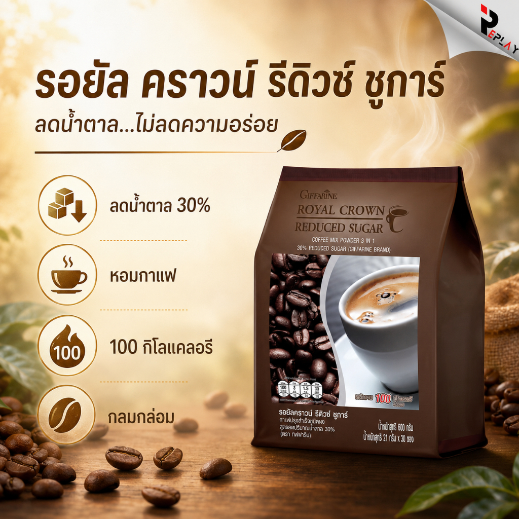 กิฟฟารีน รอยัล คราวน์ สูตรลดน้ำตาล 30% กาแฟ 3in1 หวานน้อย อร่อยกลมกล่อม ดีต่อสุขภาพ