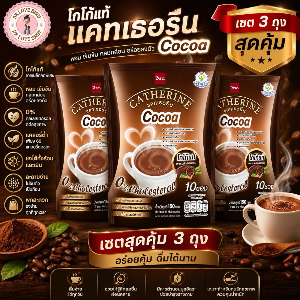 (เซต3ถุง) CATHERINE แคทเธอรีน รสชาติ โกโก้ COCOA ชนิดผง สูตรไม่เติมน้ำตาล ไม่มีคอเลสเตอรอล มี 3ถุง/30ซอง พร้อมส่งในไทย