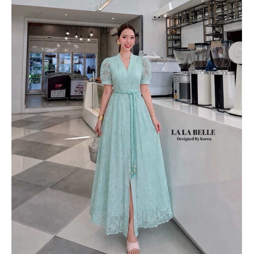 LA LA BELLE แม็กซี่เดรสยาวแขนตุ๊กตา+เข็มขัดถัก