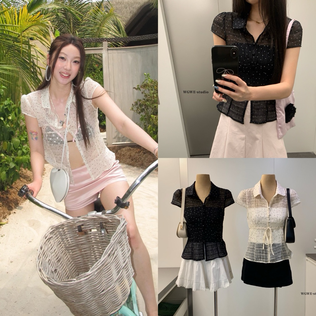 ส่งด่วน 𝐖𝐆.𝐖𝐄 9543 Set 2 pcs. เสื้อคอปกแขนสั้น ผ้าซีทรูลายจุดมาพร้อมเสื้อเกาะอก