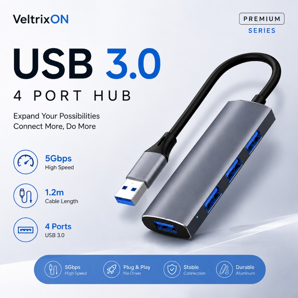 USB Hub 4 Ports Aluminum USB 3.0 + USB 2.0 สาย 15cm ขนาดเล็ก สำหรับ Laptop PC