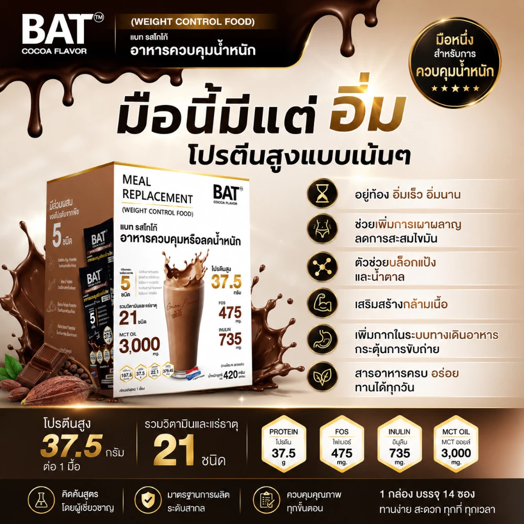 BAT™ ทดแทนมื้ออาหาร ( 1กล่อง/14 ซอง) สำหรับควบคุมหรือลดน้ำหนัก ลดหิว อยู่ท้อง โปรตีนสูง ไม่มีน้ำตาล thumbnail 4