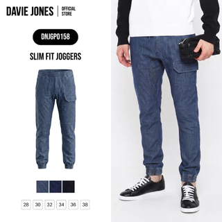 DAVIE JONES [BE FEARLESS] กางเกงจ็อกเกอร์ผู้ชาย Slim Fit Joggers สีน้ำเงินฟอก กรม ดำ GP0158