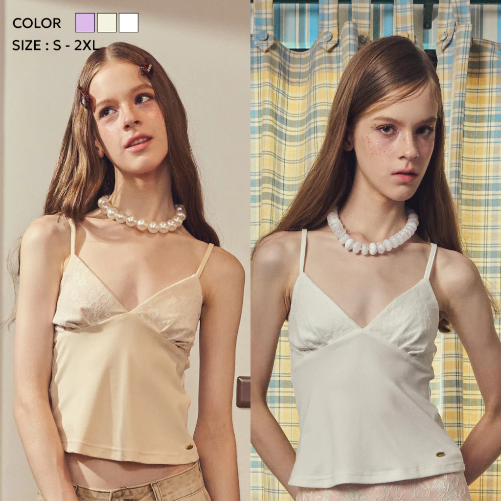 Bemingtop1189(S-2XL)-Ribby Cami Top - สายเดี่ยวดีไซน์เรียบดีเทลช่วงอกแต่งลูกไม้ใส่สบายๆ everydaylook
