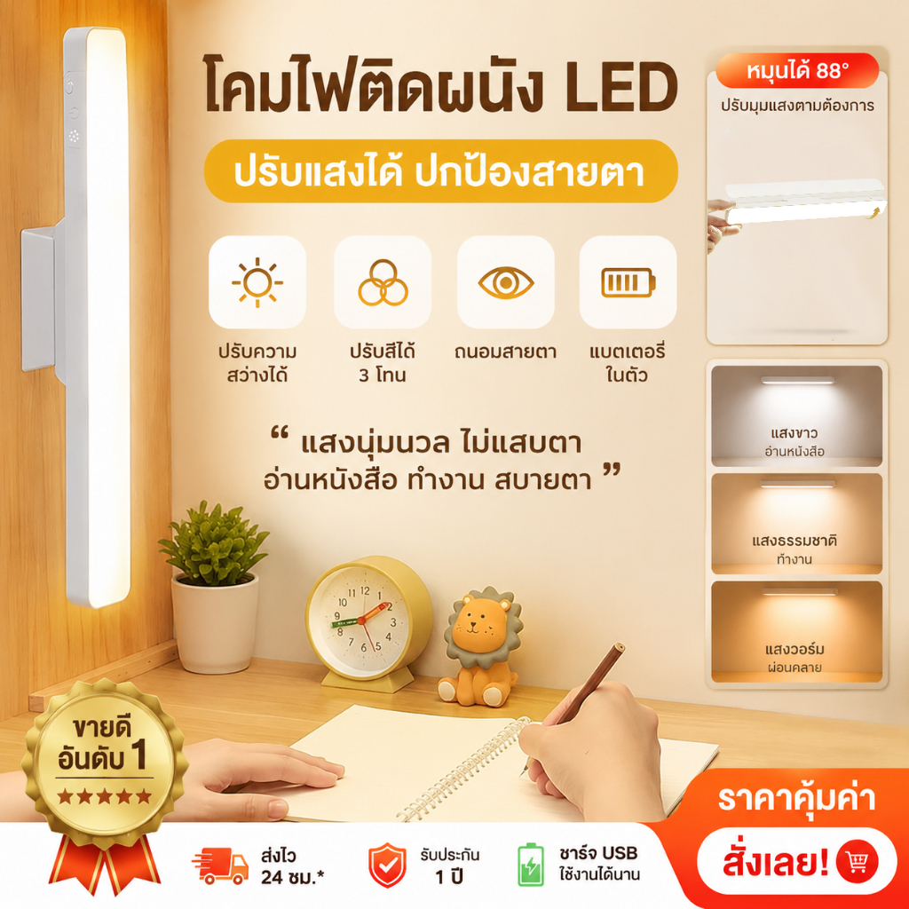 พร้อมส่ง โคมไฟแม่เหล็ก LED ปรับได้ 3 ระดับ ใช้พลังงานผ่าน USB ถอดได้ ไฟอ่านหนังสือ ไฟหัวเตียง ไฟตั้งโต๊ะ ประหยัดพลังงาน