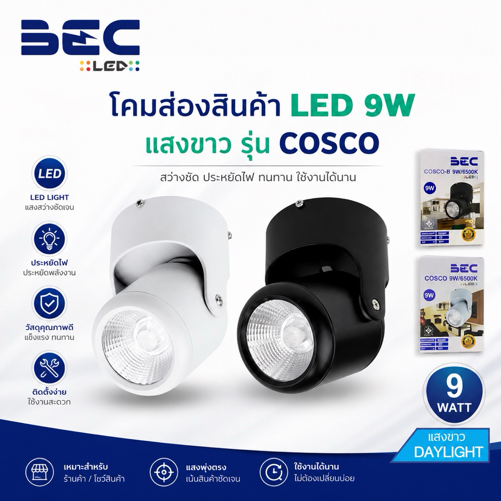 BEC โคมไฟส่องสินค้า LED 9W เดย์ไลท์ โคมขาว โคมดำ COSCO  โคมส่องป้าย โคมไฟติดผนัง โคมไฟติดเพดาน