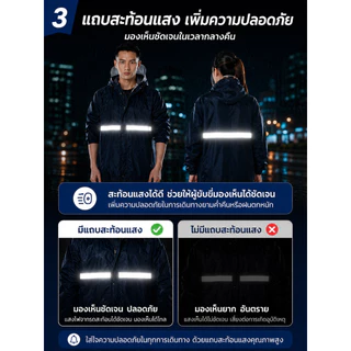 ชุดกันฝน เสื้อ+กางเกง ผ้าออกซ์ฟอร์ด กันน้ำ 100% มีแถบสะท้อนแสง กันลม ระบายอากาศดี