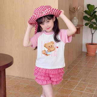 PRINCESS KESLI เสื้อยืดเด็กผู้หญิง เสื้อยืดเด็ก เสื้อแขนสั้นเด็ก ลายหมีน่ารัก ผ้าฝ้ายนุ่ม คอตวกลม 2-12 ปี