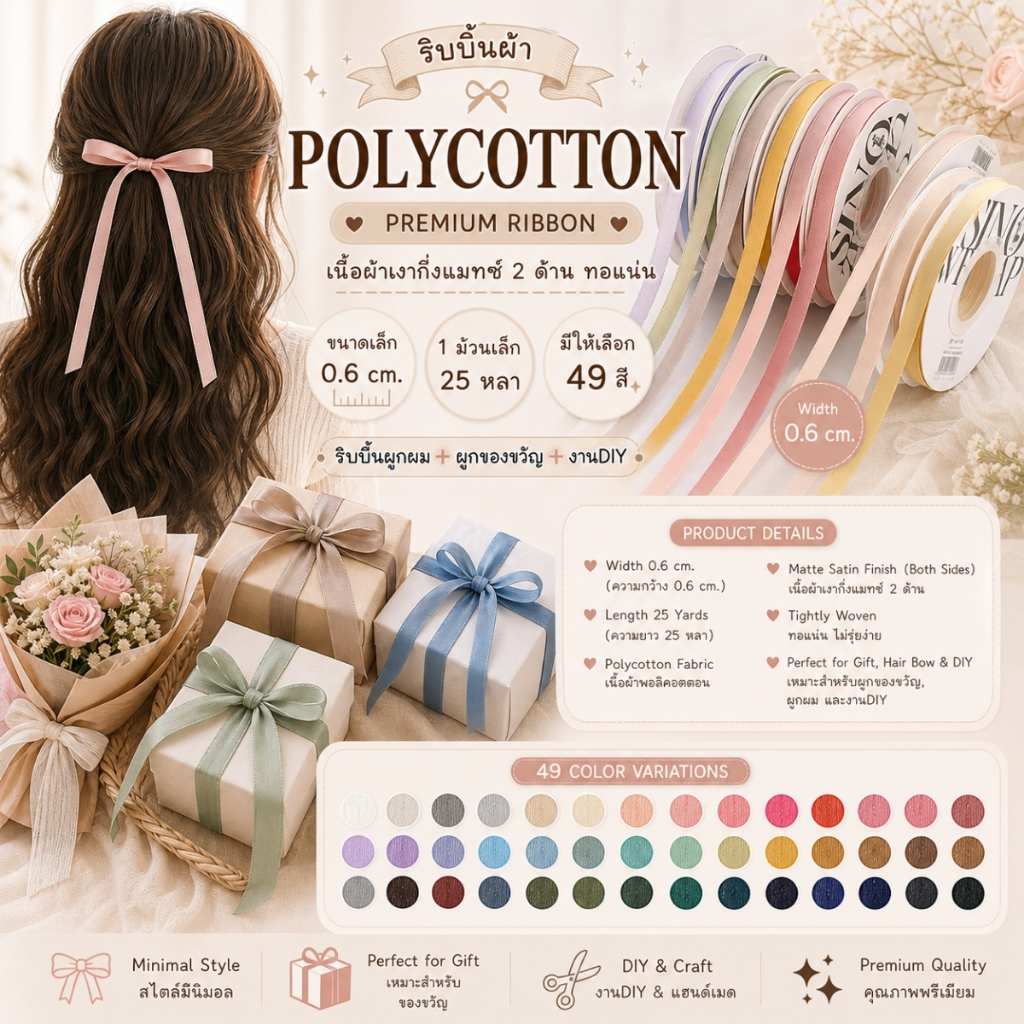 1 ม้วน * ขนาด 0.6 cm.ริบบิ้นผ้า POLYCOTTON เนื้อผ้าเงากึ่งแมทช์ 2 ด้าน ทอแน่น[ Premium ]ผูกของขวัญ ผูกผม [RB-0040]