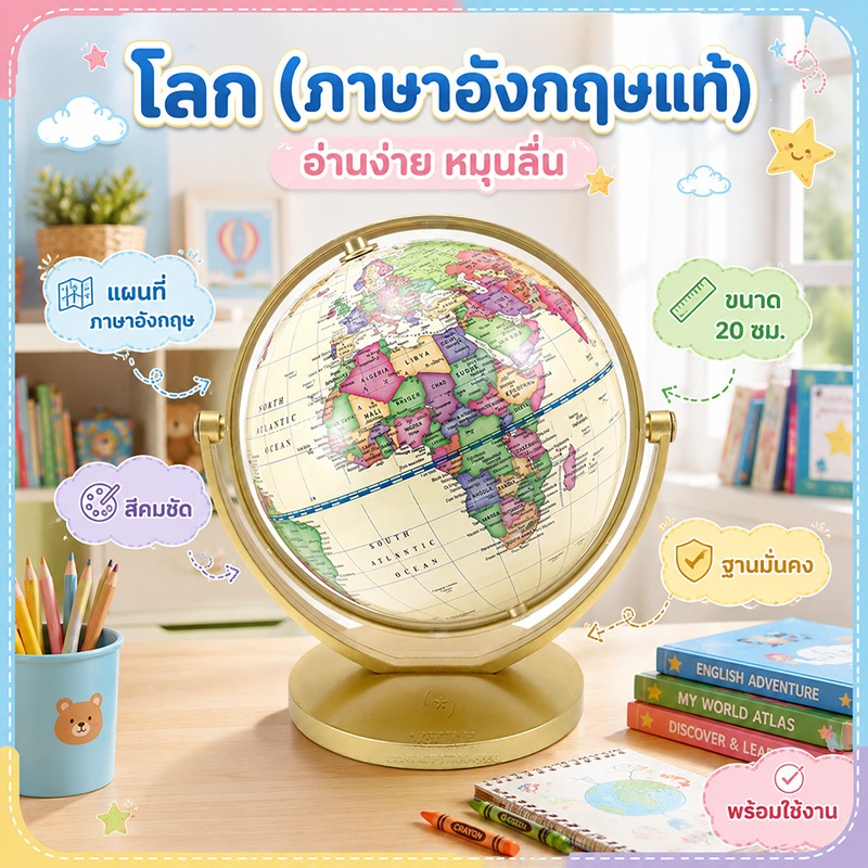 ลูกโลก ฐานไม้ 10 นิ้ว อย่างดี (25 cm.) WAKU ลูกโลกจำลอง ลูกโลกตั้งโต๊ะ Globe ฮวงจุ้ย การศึกษา