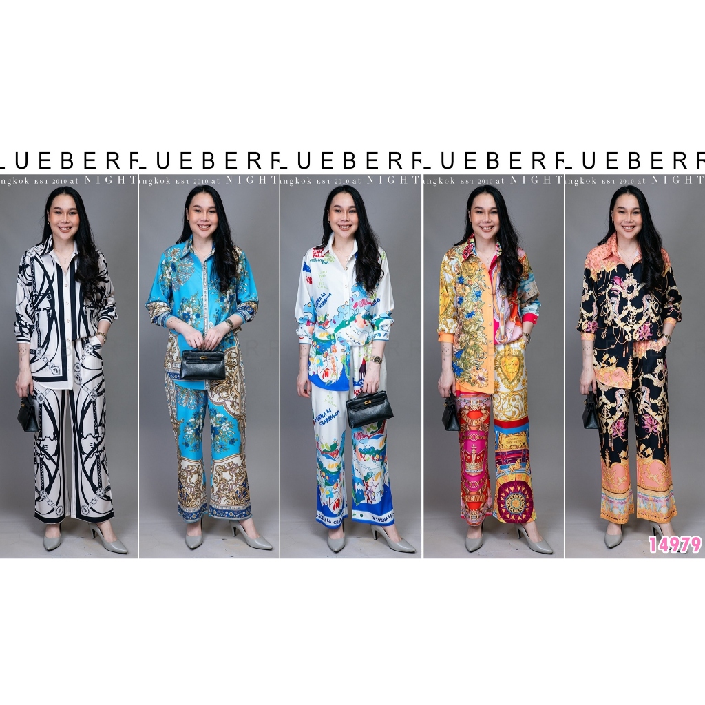 (อก46) 14979 BLUEBERRY NIGHTS ชุดเซ็ตเสื้อเชิ้ตแขนยาว กางเกงขายาวมีซับใน ผ้าโพลีเอสเตอร์พิมพ์ลายทั้งตัว