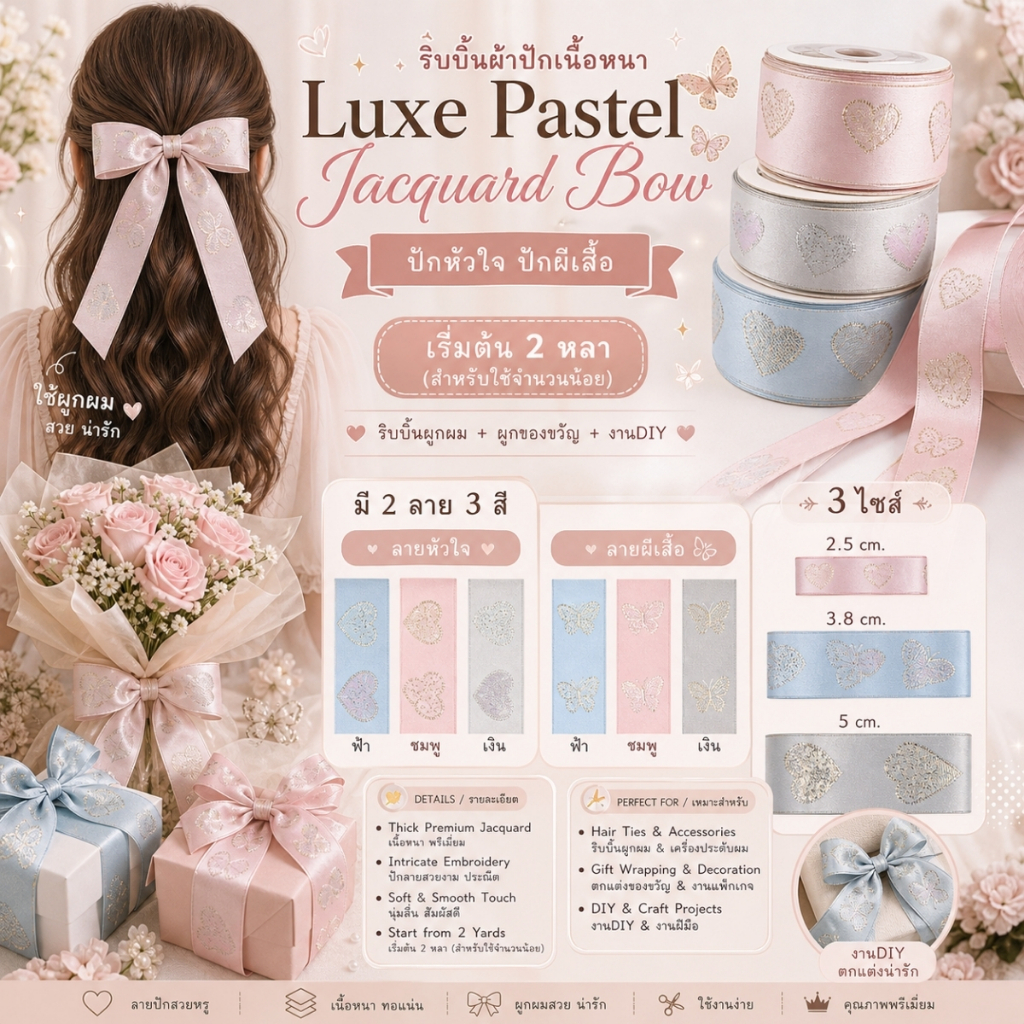 ริบบิ้นผ้าปักเนื้อหนา Luxe Pastel Jacquard Bow ปักหัวใจ ปักผีเสื้อ– ผ้าลายทองพรีเมียมโทนพาสเทล [RB0045]