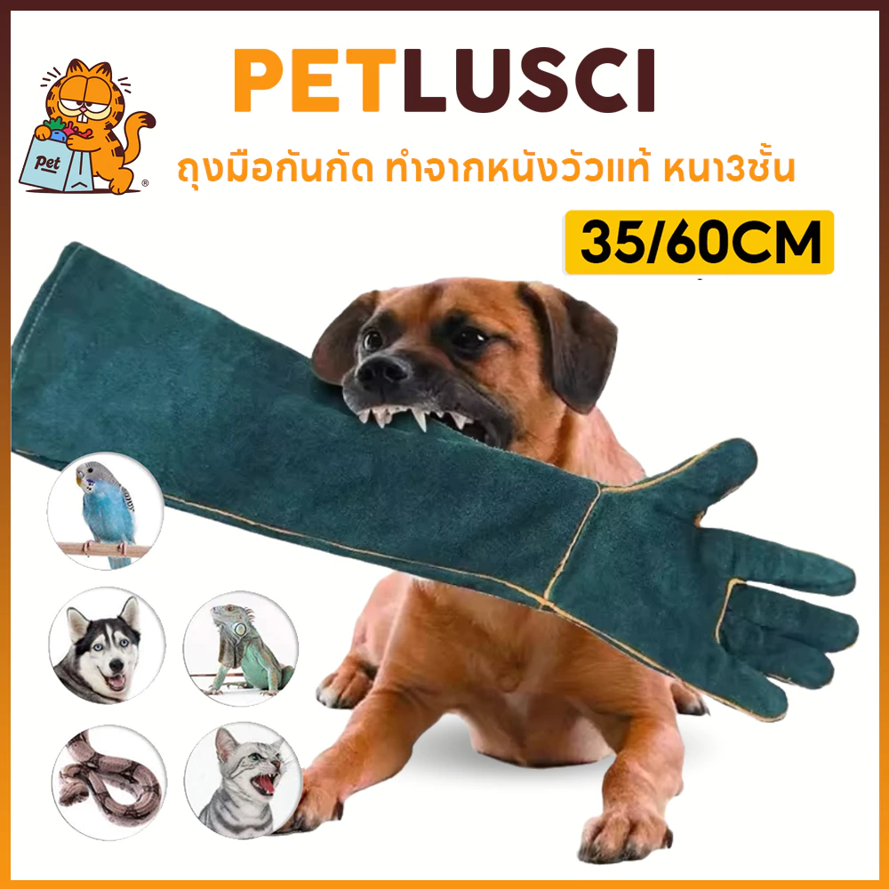 PETLUSCI ถุงมือกันกัด 35/60cm ถุงมือฝึกสุนัข ถุงมือจับแมว งกันการฉีกขาดและกัด ทำจากหนังวัวแท้