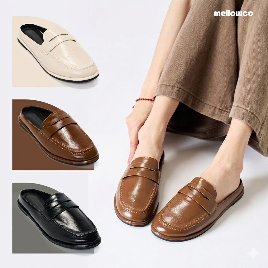 Mellowco รุ่น Hazel Mule รองเท้าเปิดส้นหนังขัดเงา MA-6103