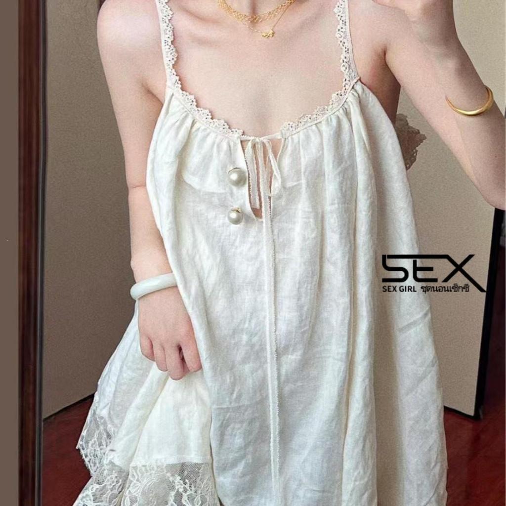 SexyGirl🍥🍥ชุดลำลองสไตล์ฝรั่งเศส เดรสสลิปสำหรับผู้หญิง ทรงหลวม สวมใส่สบาย สไตล์มินิมอล ประดับด้วยไข่มุก.