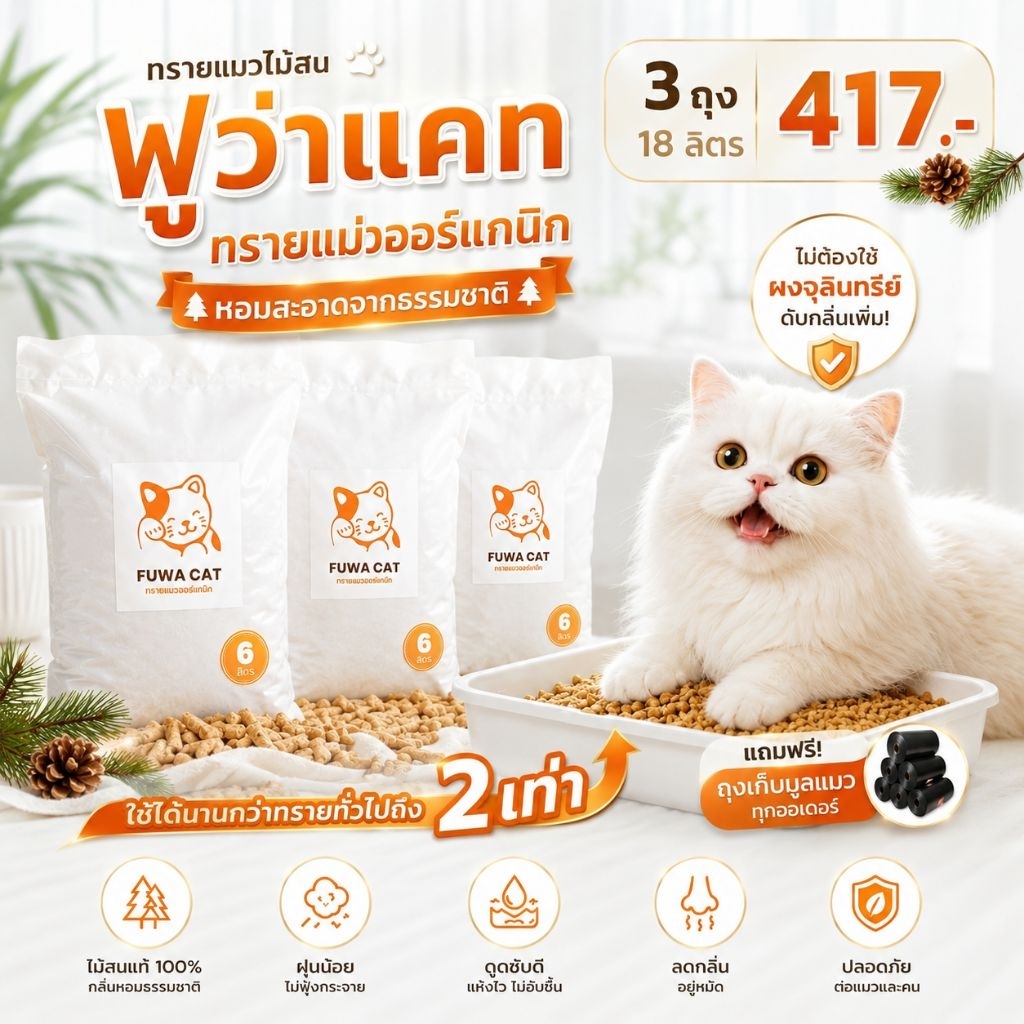 [คุ้มที่สุด!] ทรายแมวไม้สนพรีเมียมลดกลิ่น 18L (3 ถุง) ราคาประหยัด ไร้ฝุ่น เก็บกลิ่นดี แถมฟรีถุงเก็บมูล 417.-